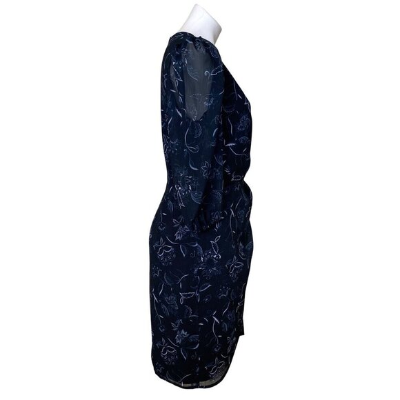 Halogen Navy Floral Wrap Dress, Sheer Puff Sleeves & Tulip Hem Women's Size M - Picture 5 of 10